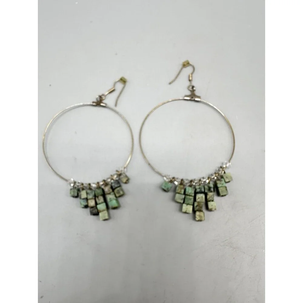 Unique Vintage Square Cube Bead Turquoise ? Stone Large Wire Hoop Earrings 2”